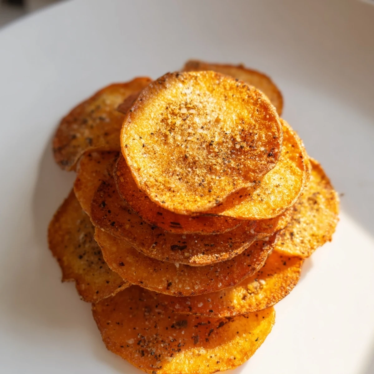 Batch of golden radish chips cooling on a wire rack after air frying to crispy perfection