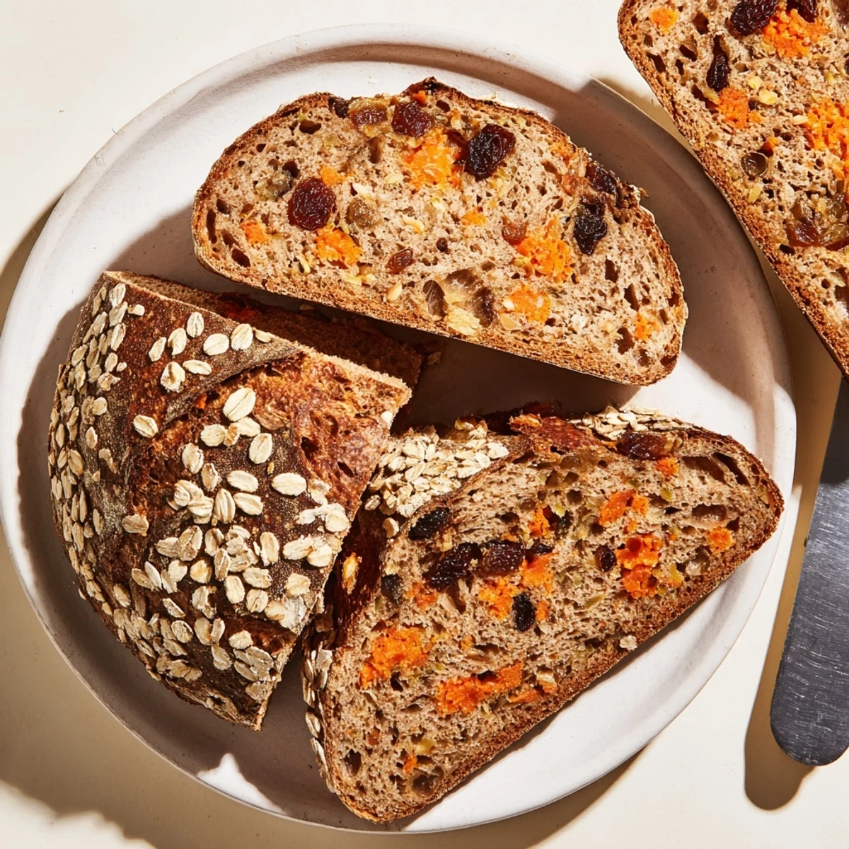 Slice of spiced carrot cake sourdough bread revealing soft crumb with raisins and walnuts