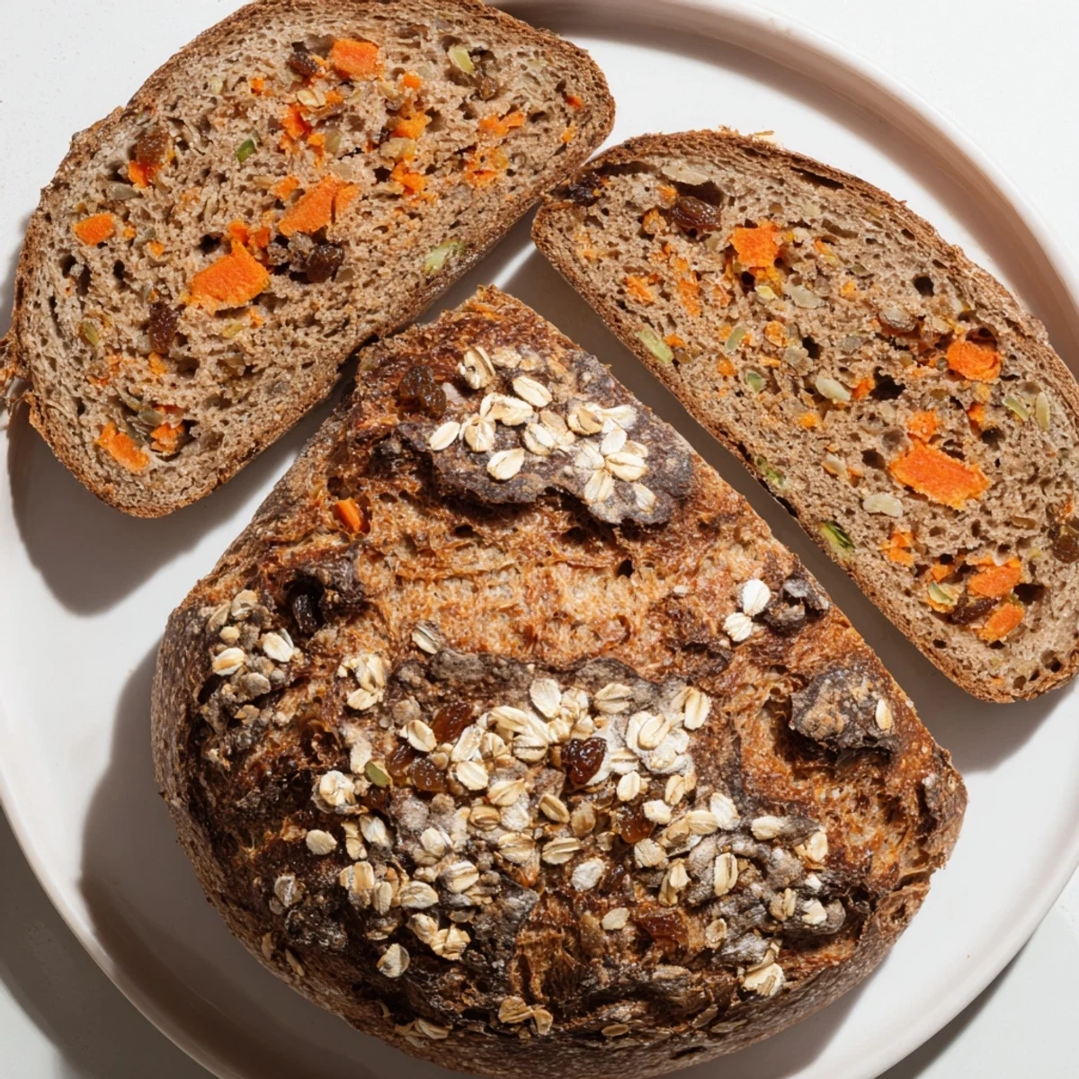 Golden brown carrot cake sourdough bread loaf with visible carrot flecks and cracked crust