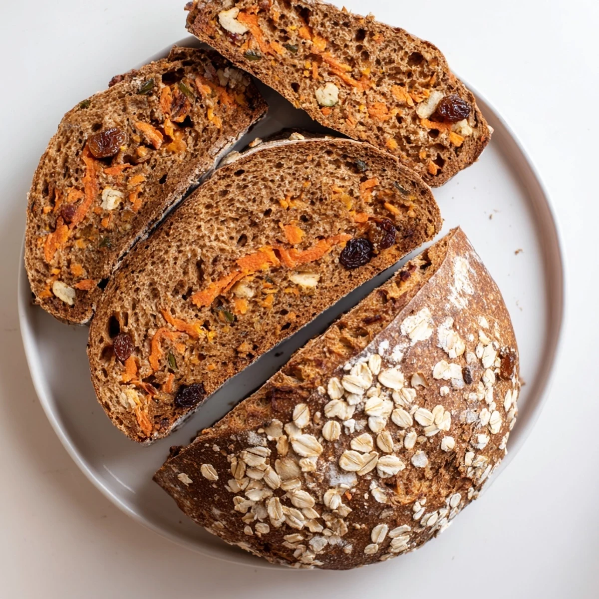 Rustic carrot cake sourdough bread dusted with oats and seeds on wooden cutting board