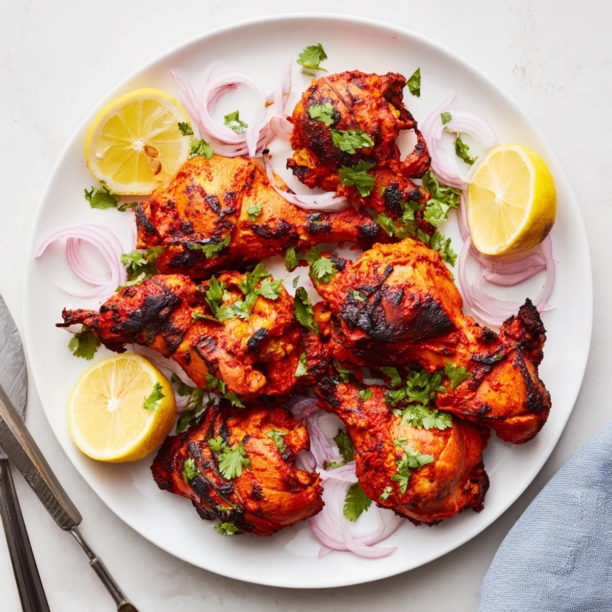 Golden tandoori chicken pieces with charred edges garnished with fresh cilantro and lemon