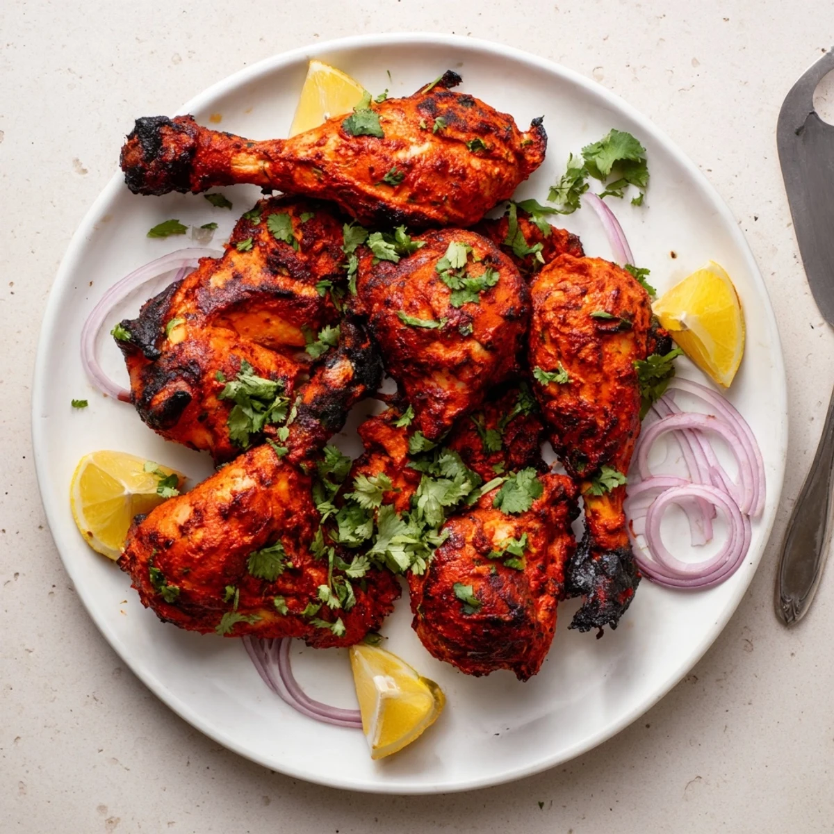 Tender Indian tandoori chicken with vibrant red spice coating served with sliced onions