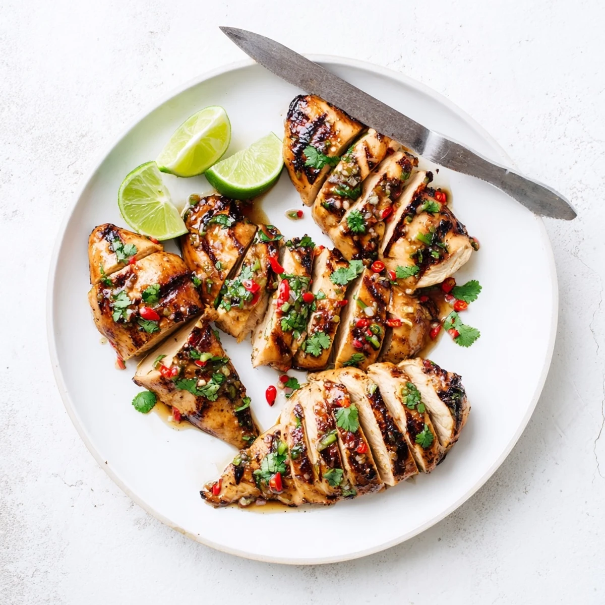 Perfectly grilled chili lime chicken resting on cutting board with vibrant green cilantro
