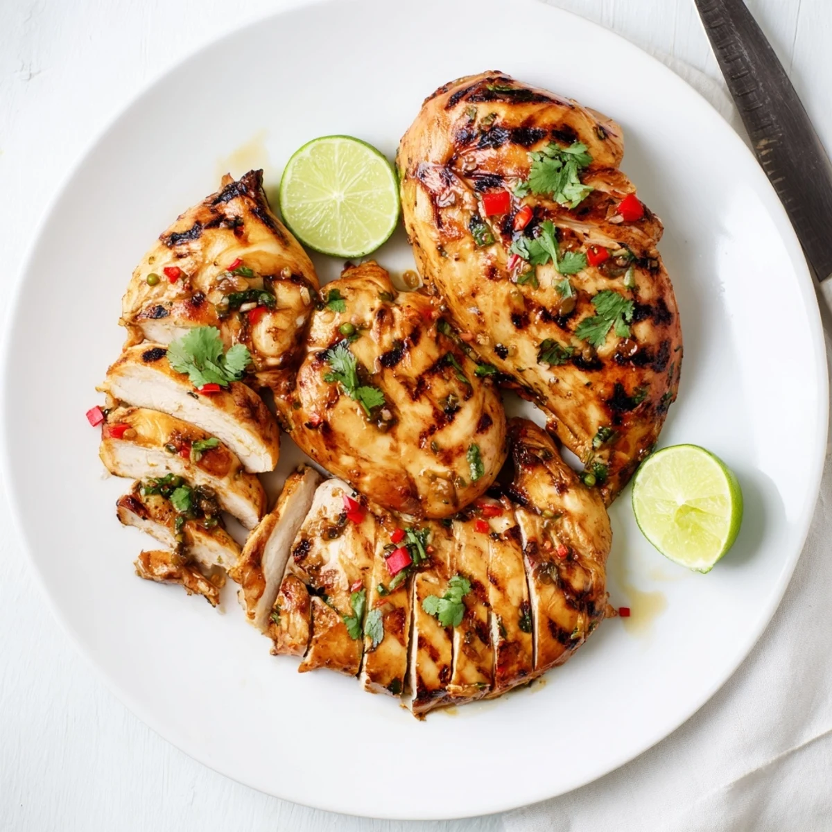 Juicy Mexican-inspired chili lime chicken sliced revealing tender meat with lime wedge garnish