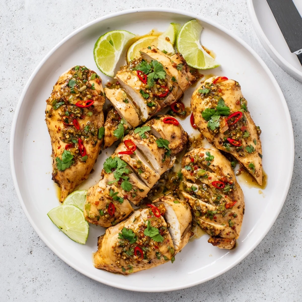 Grilled chili lime chicken breasts with char marks and fresh cilantro garnish on white plate