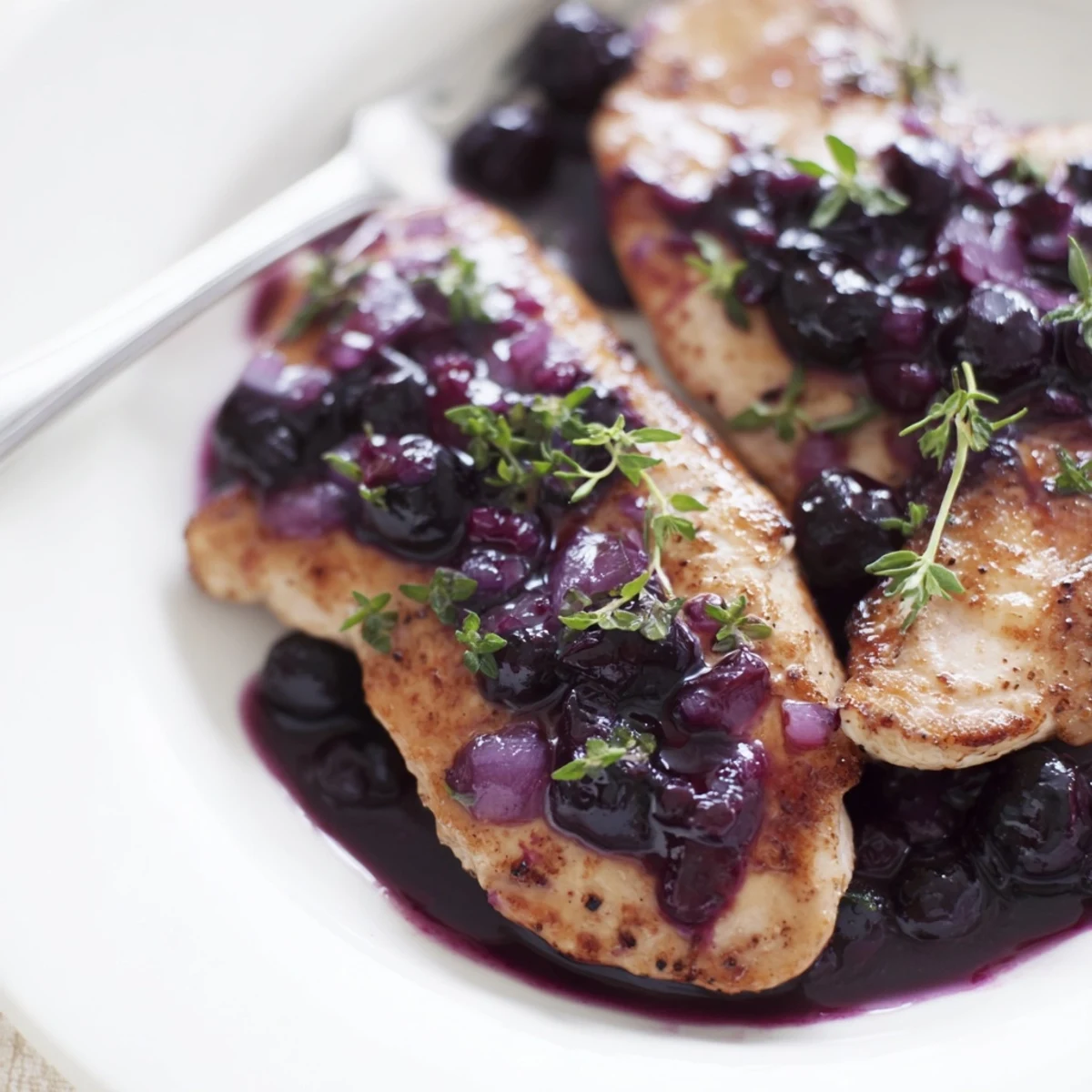 Golden seared chicken breasts drizzled with glossy purple blueberry thyme sauce on white plate