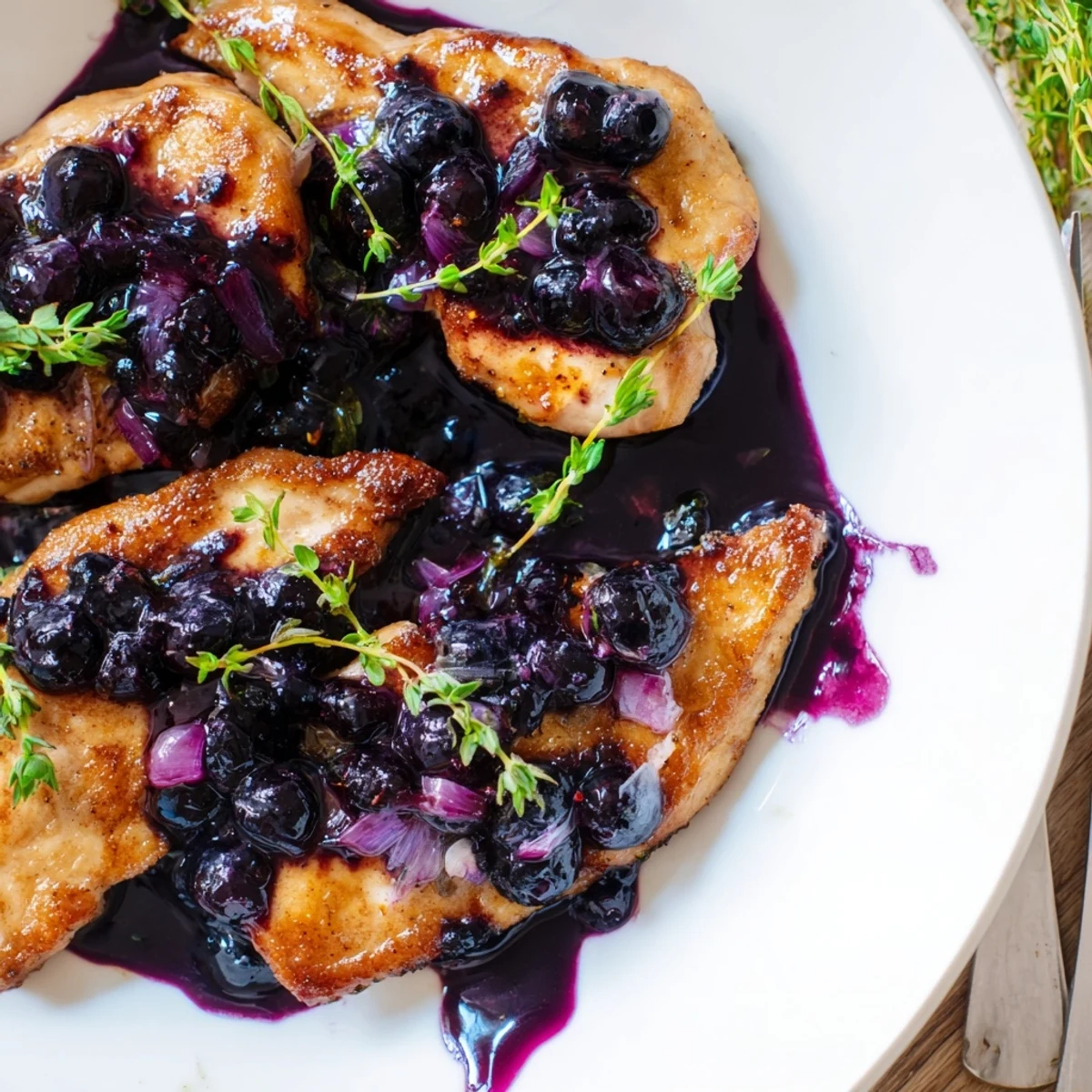 Tender blueberry thyme chicken plated with fresh thyme sprigs and rich reduced berry glaze
