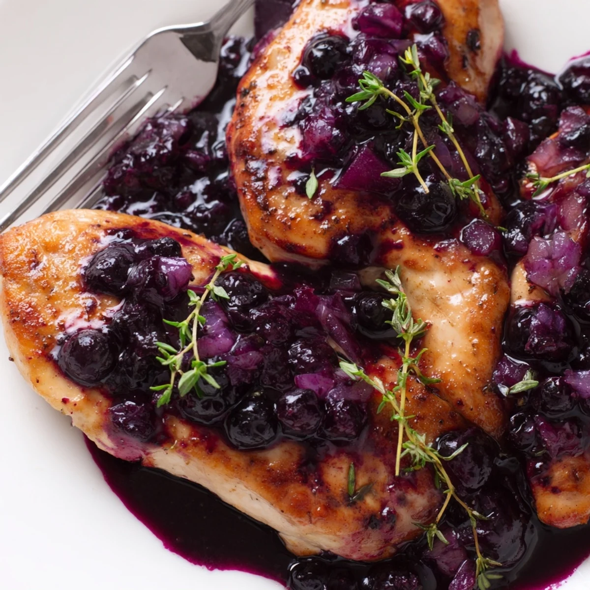 Savory chicken finished with sweet blueberry thyme sauce garnished with herbs on elegant dinnerware