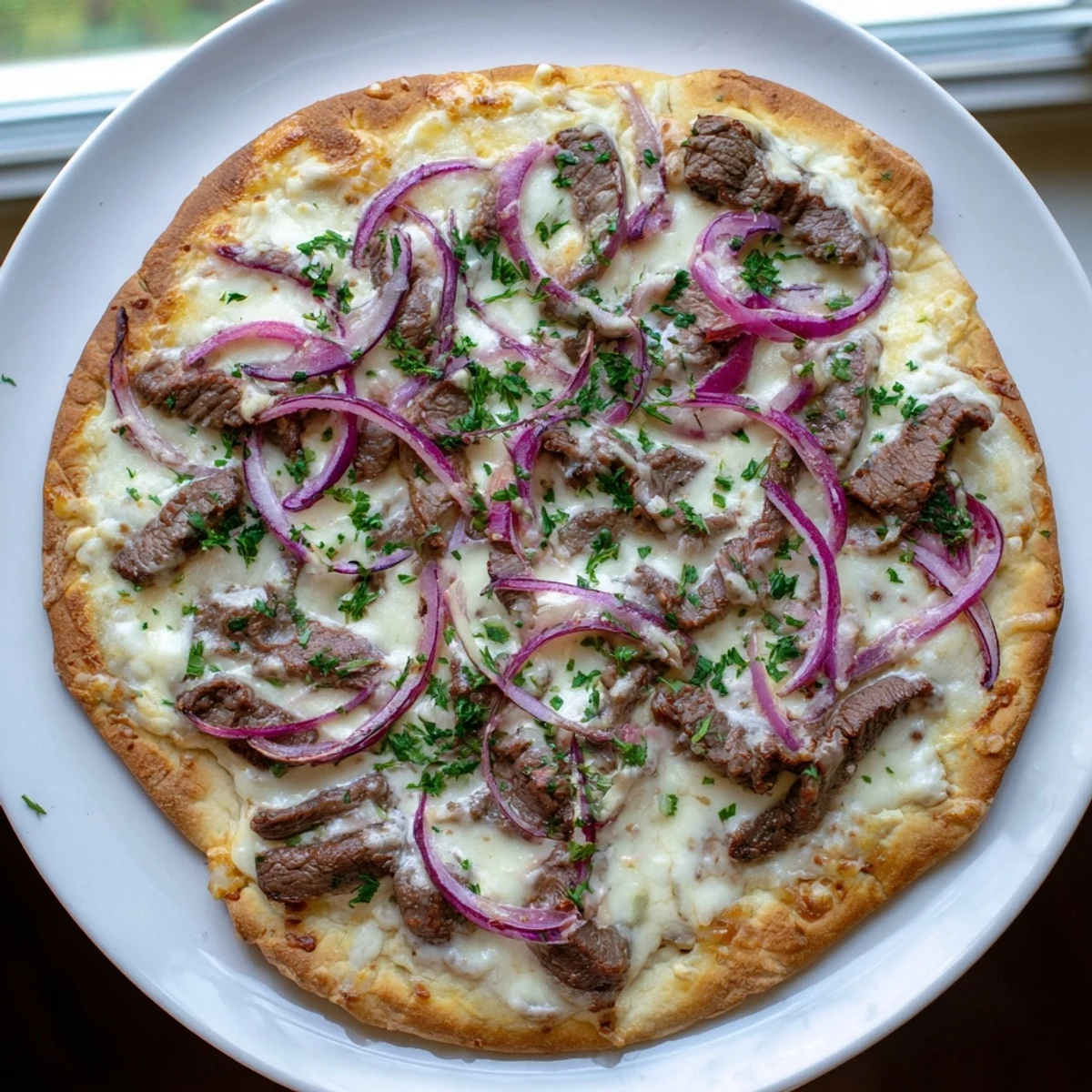 Fresh parsley garnished beef alfredo pizza featuring red onions and three cheeses on a baked crust