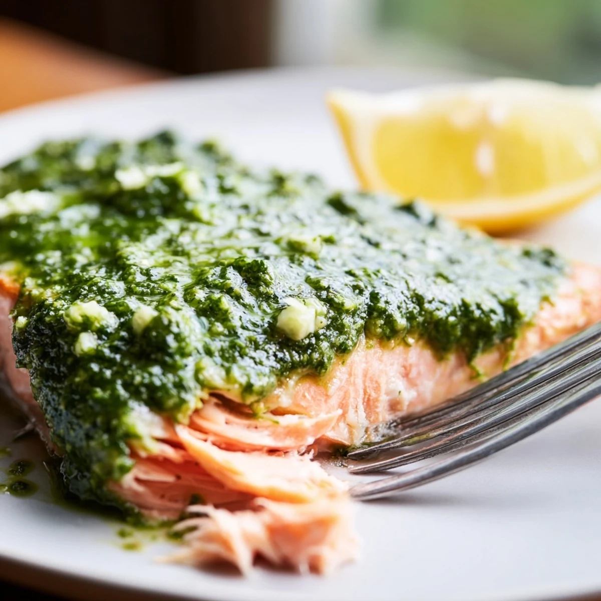 Flaky salmon topped with vibrant green pesto butter sauce, baked to golden perfection
