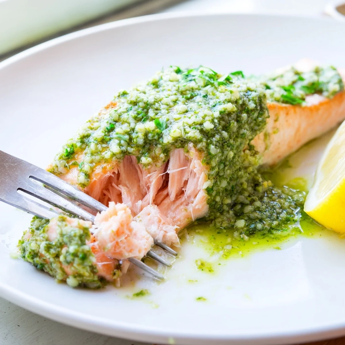 Golden oven-baked pesto butter salmon fillet with melted herby butter and fresh basil garnish