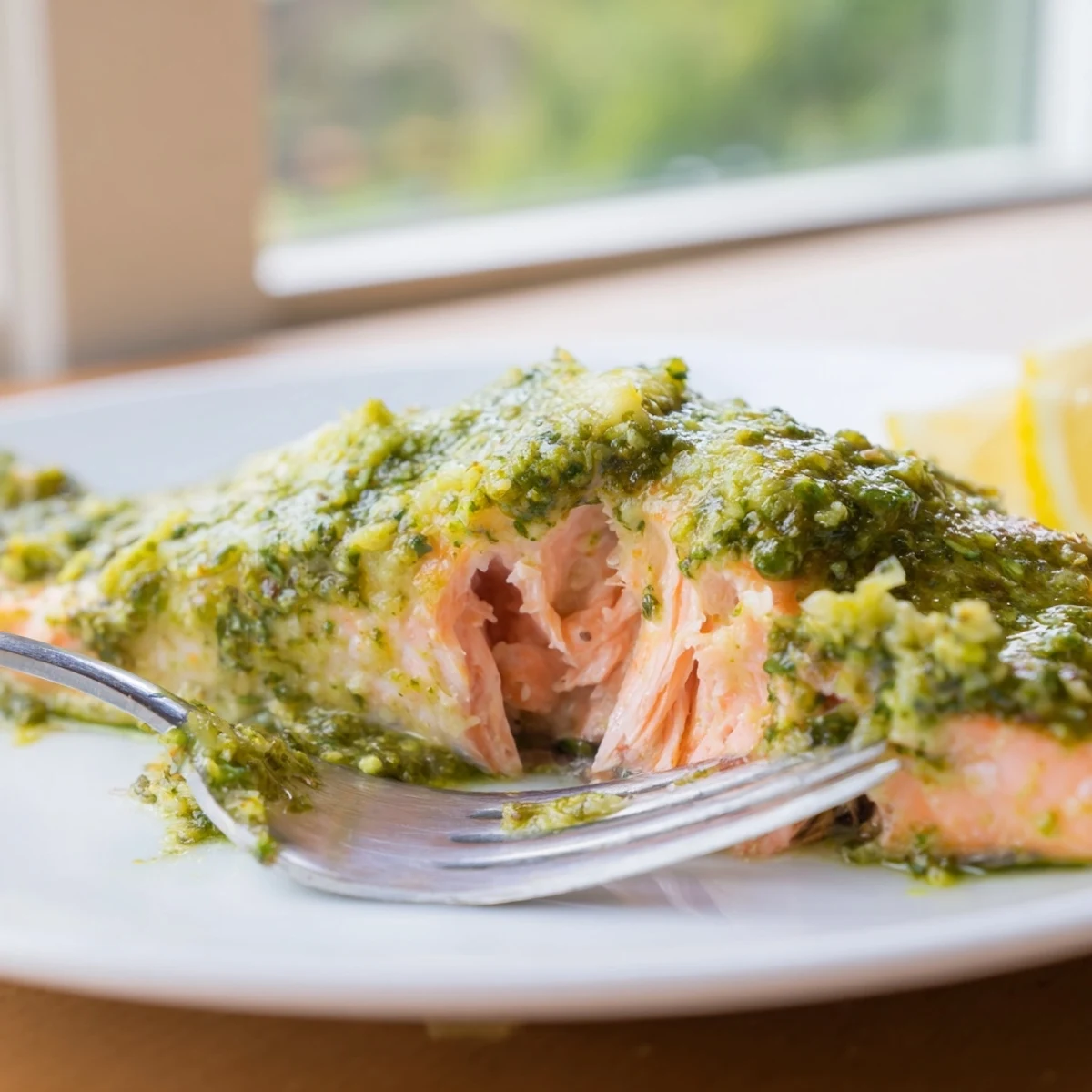 Succulent pesto butter salmon with crispy edges, served with lemon wedges on a white plate