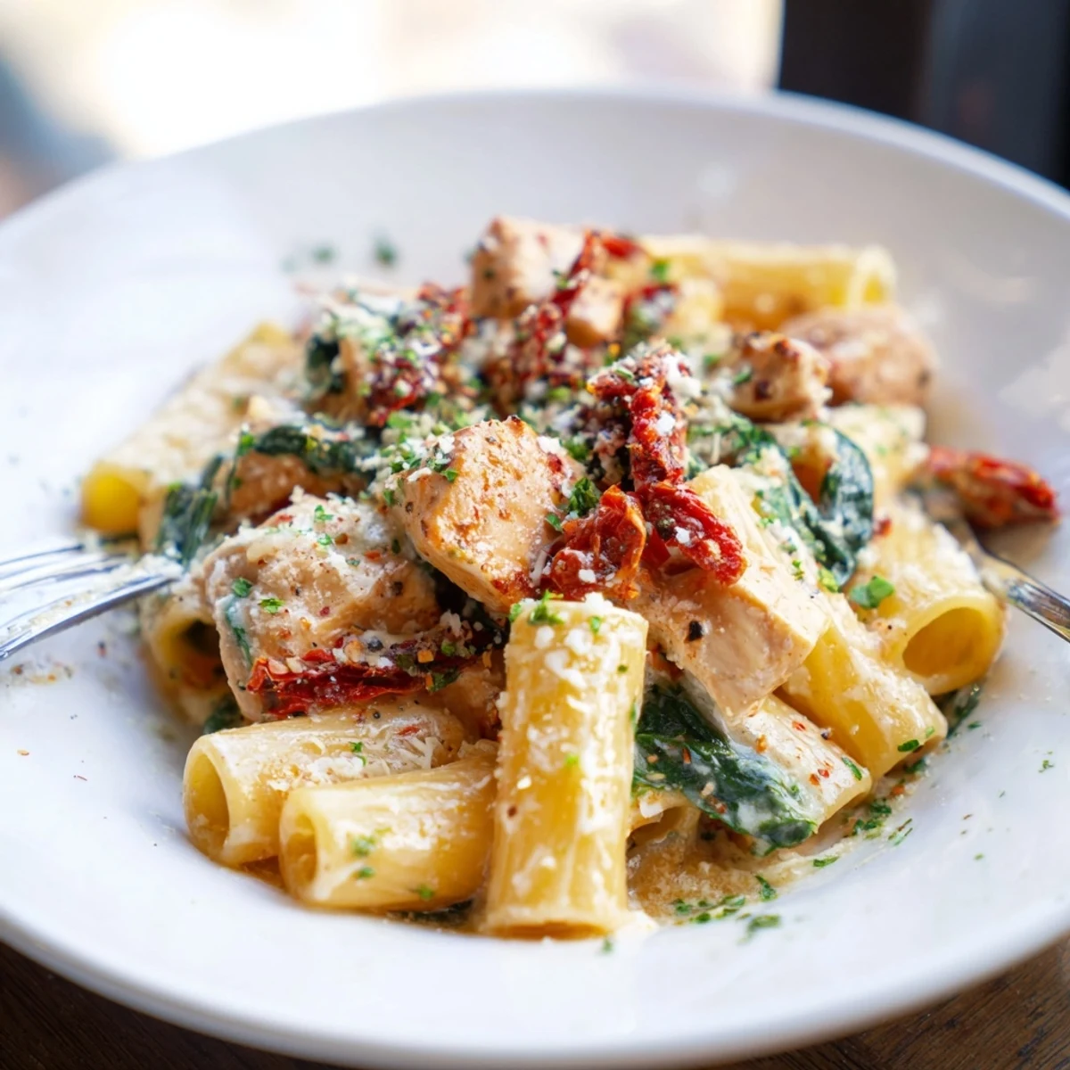 Creamy Chicken Rigatoni Recipe with golden seared chicken, steaming parmesan sauce