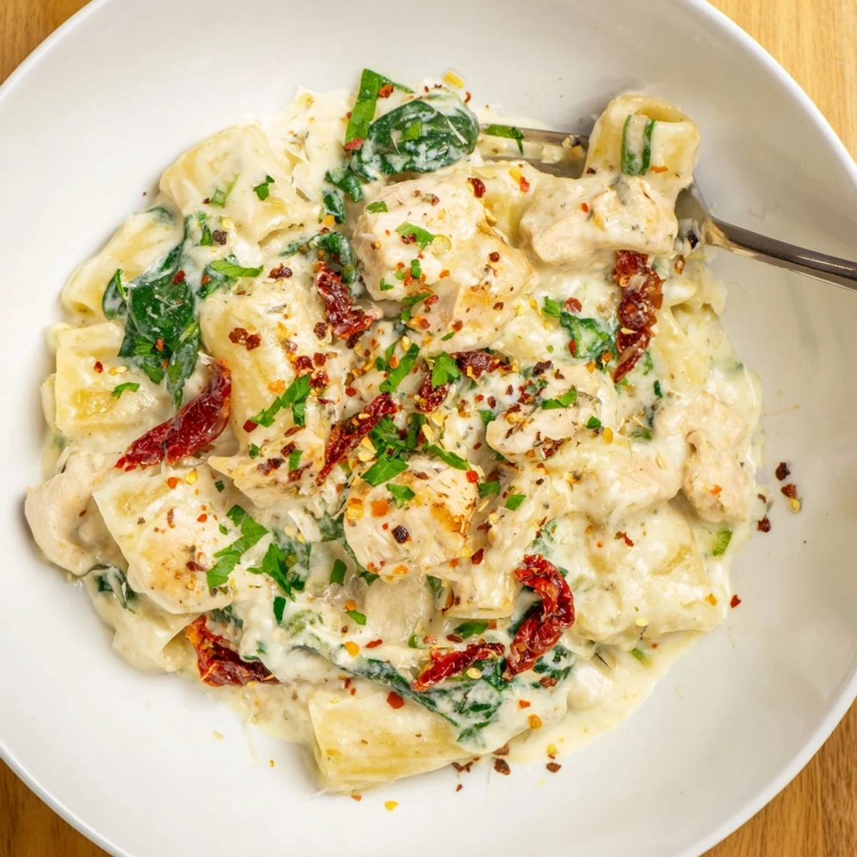 Tossed in velvety cream and herbs, Creamy Chicken Rigatoni Recipe served hot