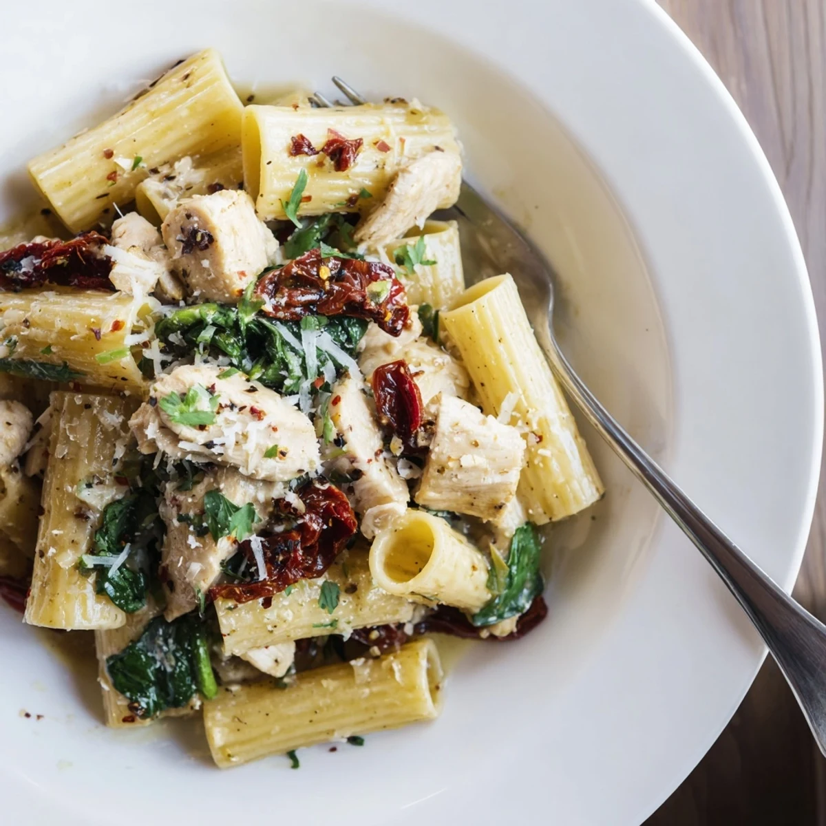 Plated family-style with spinach and a squeeze of lemon, Creamy Chicken Rigatoni Recipe