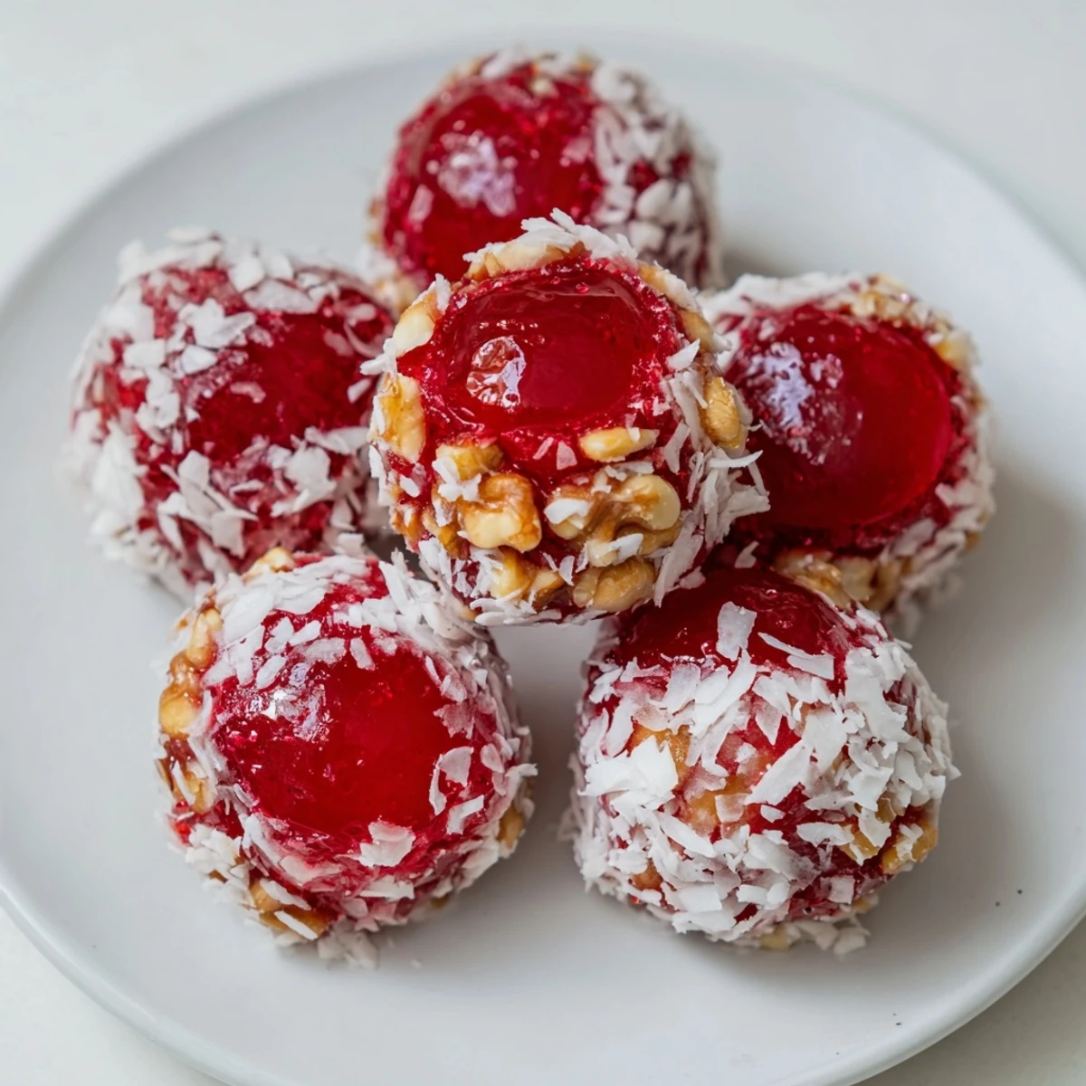 Christmas Jello Balls coated in snowy coconut, glistening on festive tray