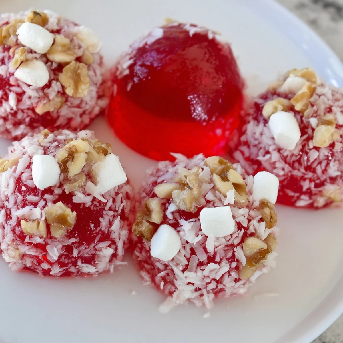 Serve chilled Christmas Jello Balls on holiday platter with peppermint garnish