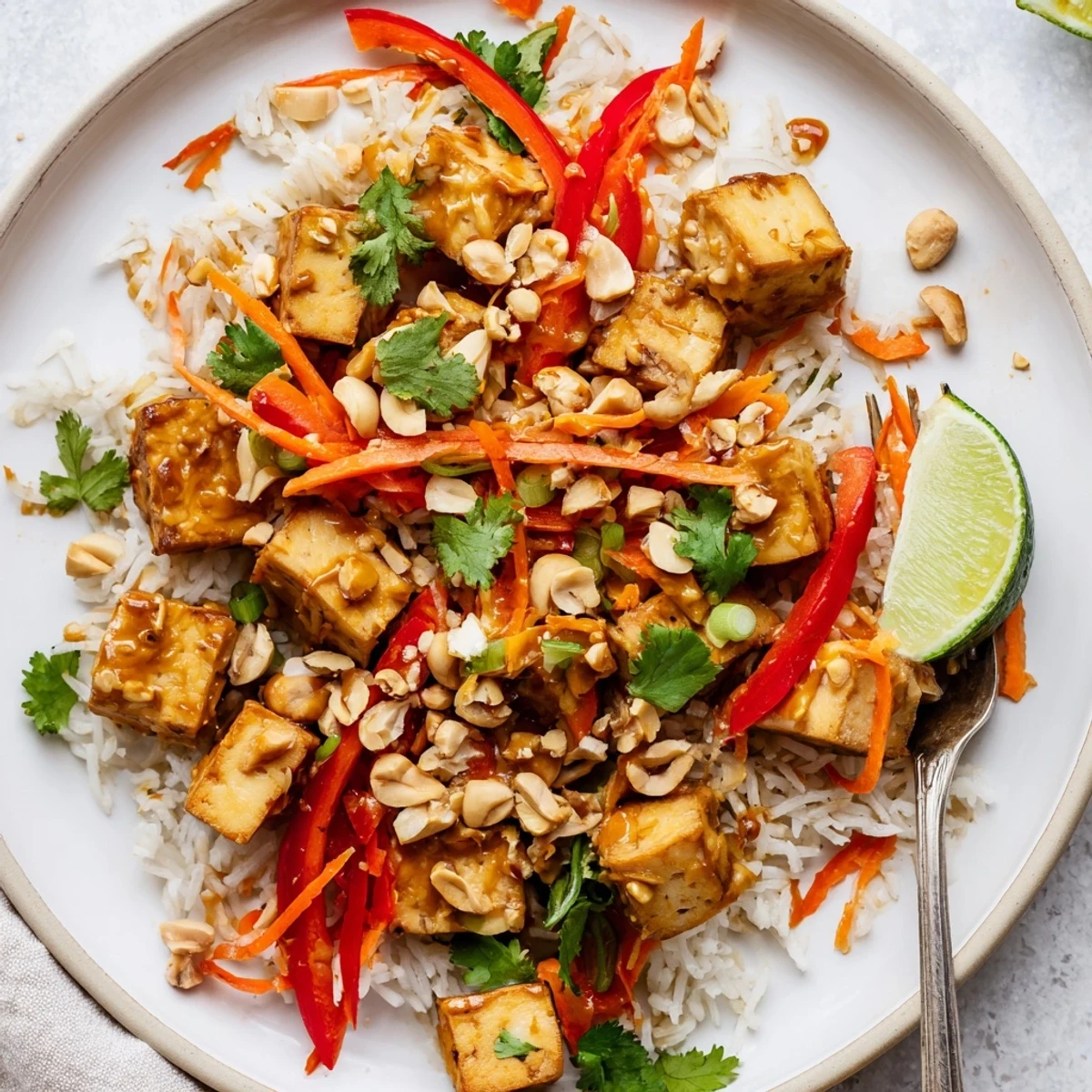 Peanut Tofu Coconut Rice plated with crispy tofu, cilantro, lime wedge  