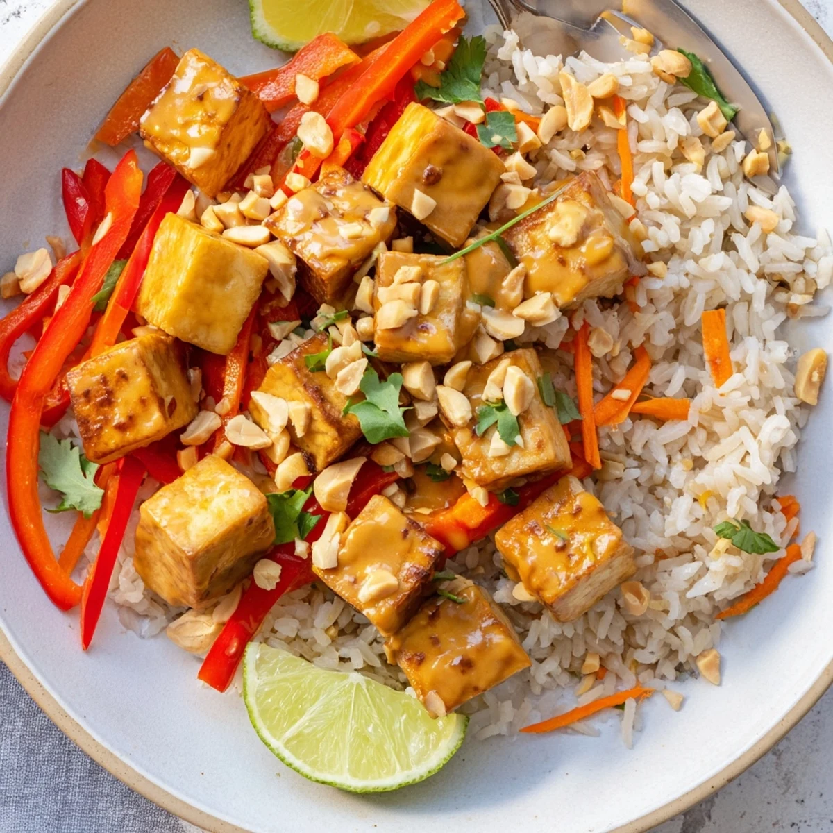 Steaming Peanut Tofu Coconut Rice topped with chopped peanuts and scallions  