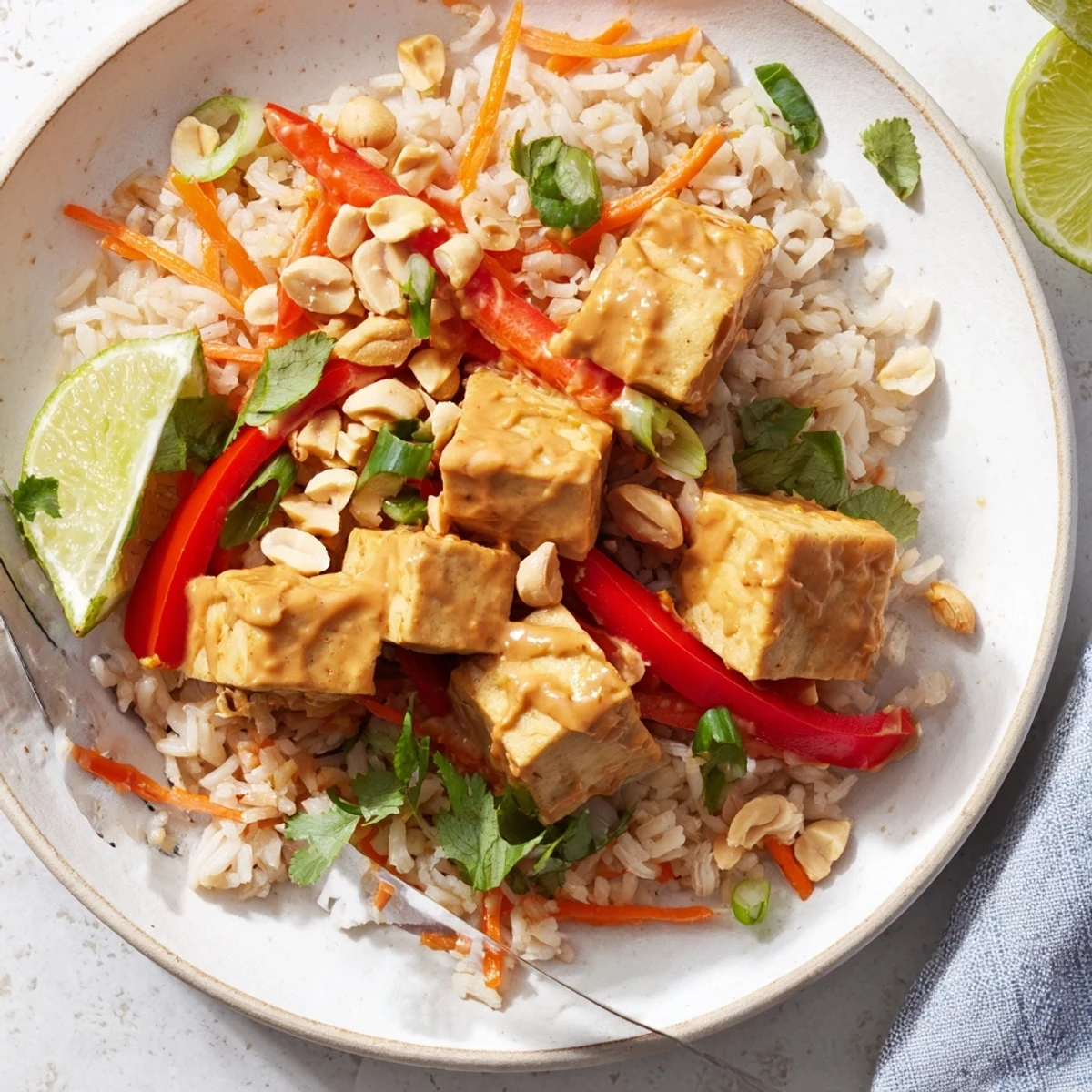 Zesty Peanut Tofu Coconut Rice garnished with julienned carrots and cilantro