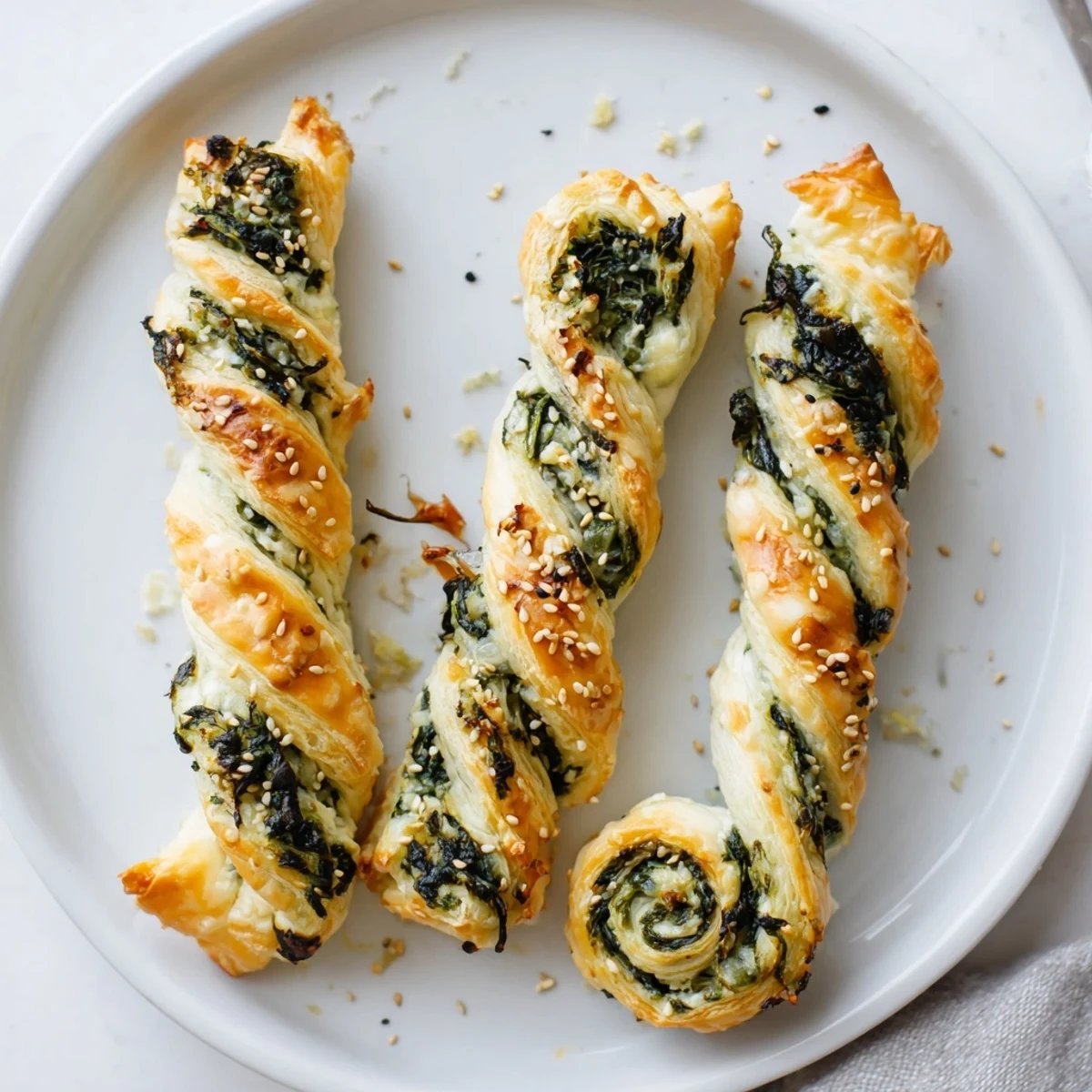 Golden, flaky Spinach And Feta Puff Pastry Twists on parchment, warm and savory.