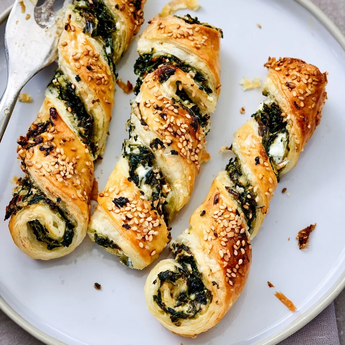 Crisp, sesame-topped Spinach And Feta Puff Pastry Twists arranged on a party platter.