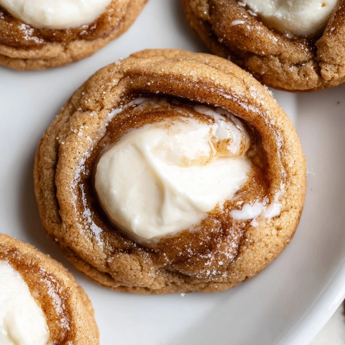 Plate of Cinnamon Roll Cheesecake Cookies with cream cheese filling, glaze drizzle