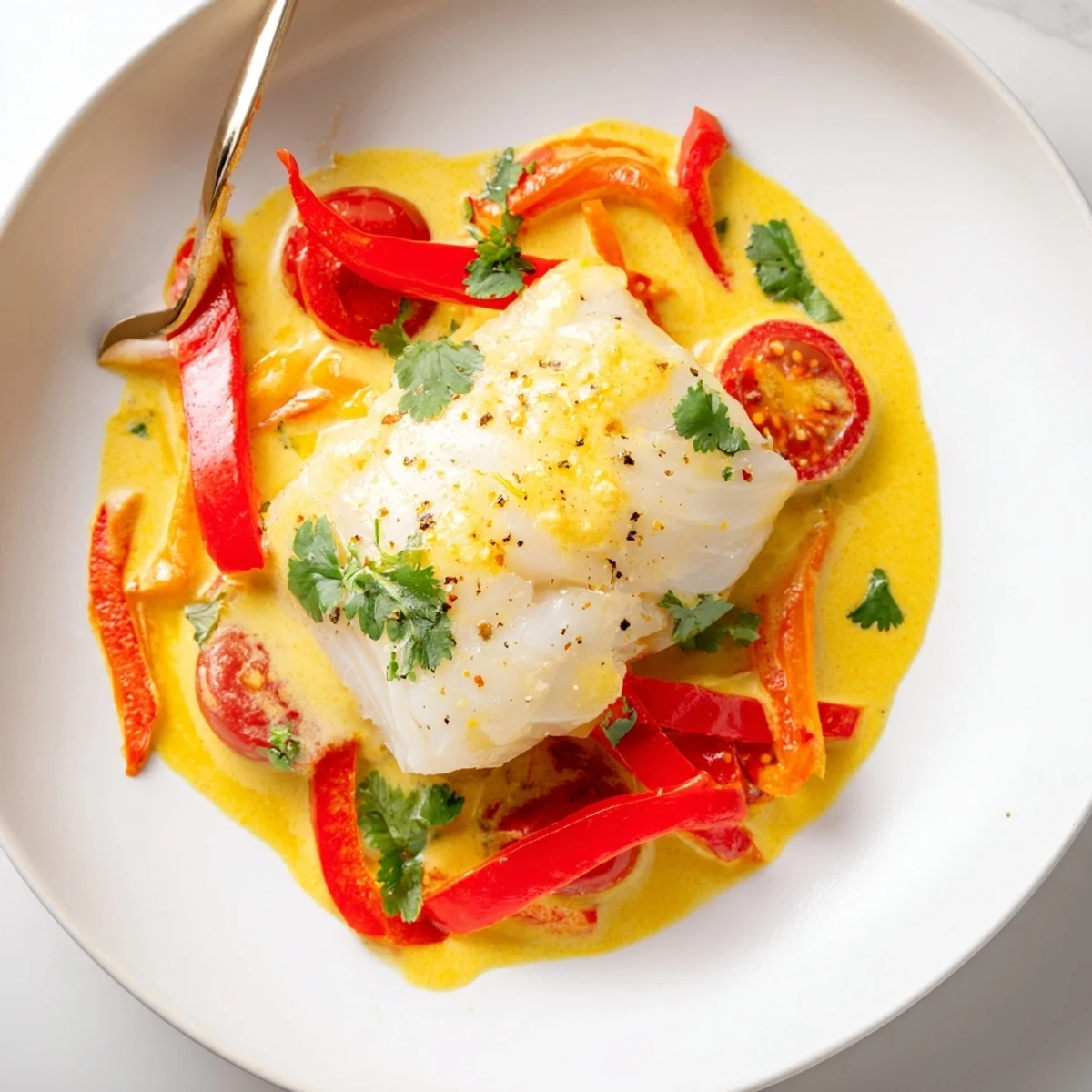 Coconut Curry Baked Cod resting in silky curry sauce with cilantro