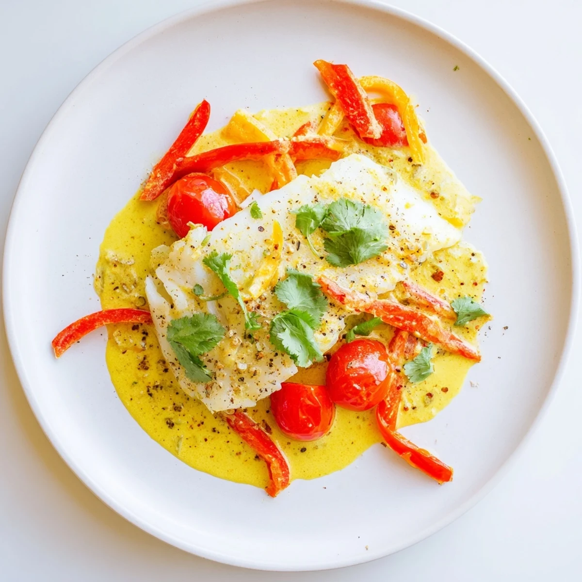 Juicy Coconut Curry Baked Cod fillets topped with lime, cilantro, cherry tomatoes
