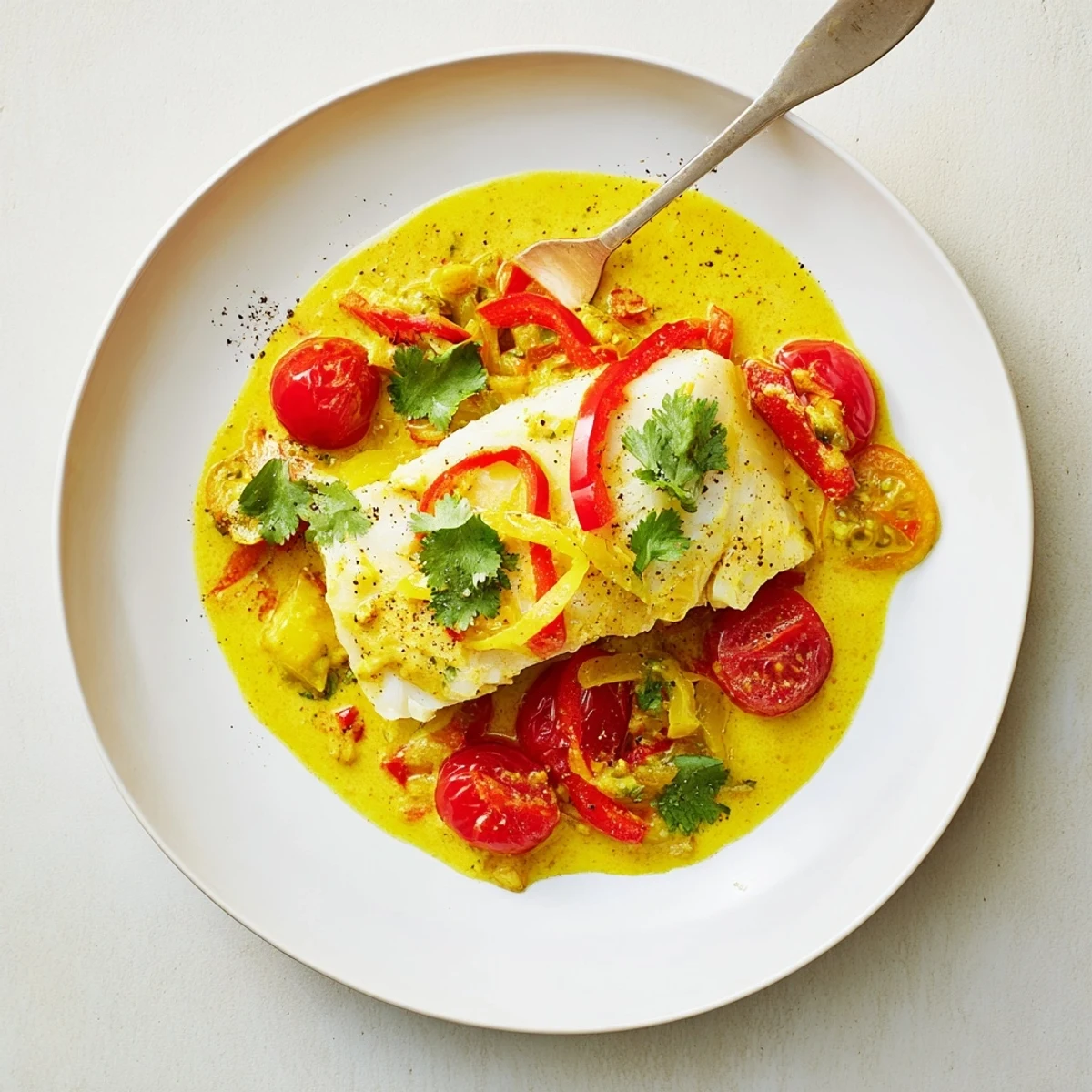 Oven hot Coconut Curry Baked Cod served over jasmine rice with fresh lime