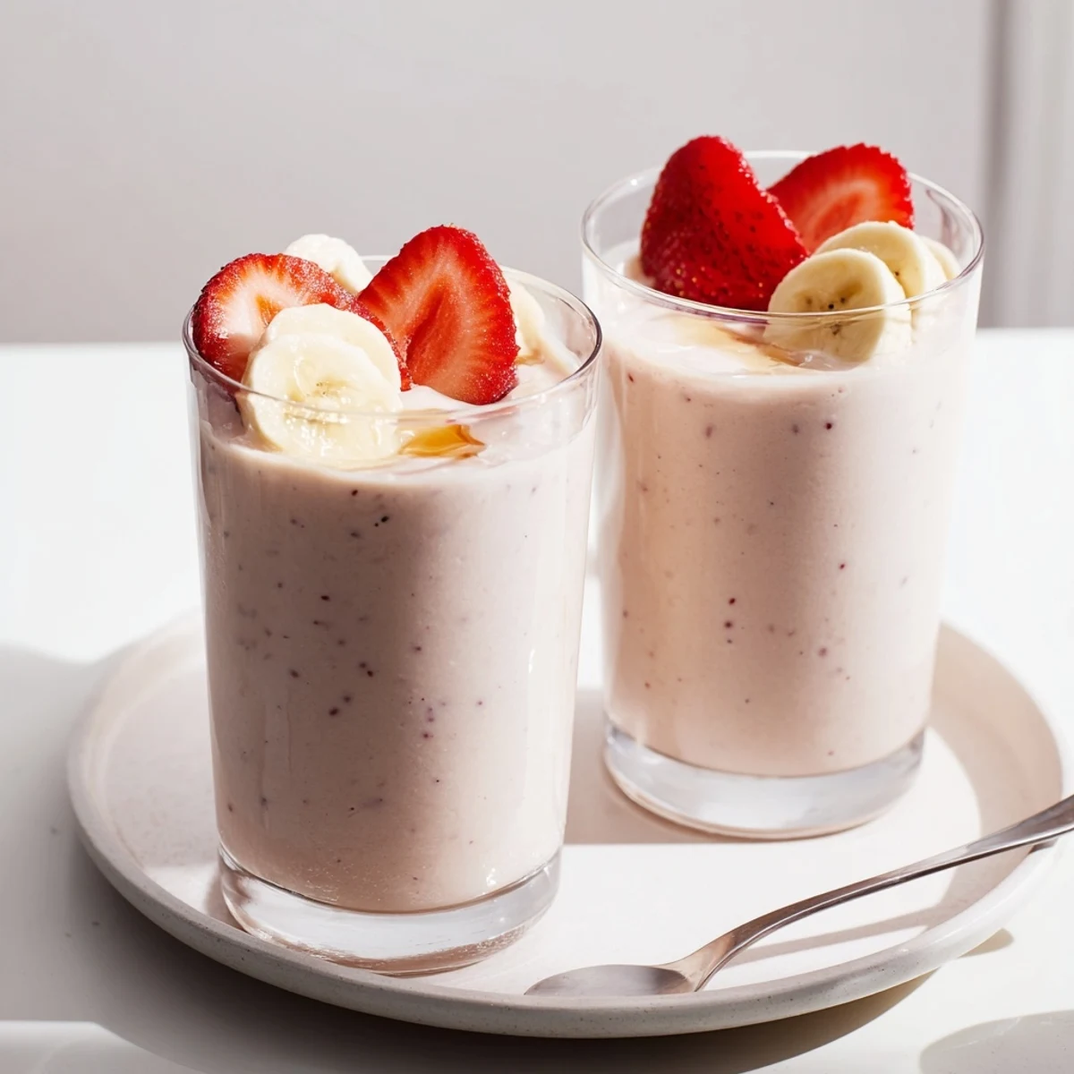 Strawberry Banana Smoothie Recipe in tall glass, creamy pink, morning breakfast refreshing