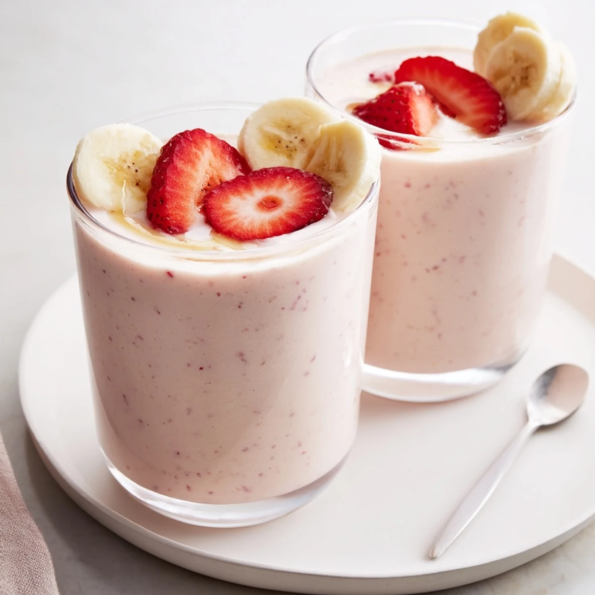 Easy Strawberry Banana Smoothie Recipe garnished with sliced strawberry, banana, chia seeds