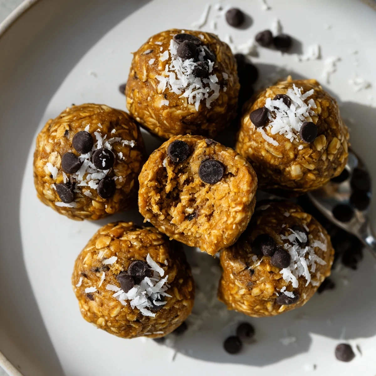 Chewy Peanut Butter Energy Balls dotted with chocolate chips on parchment.
