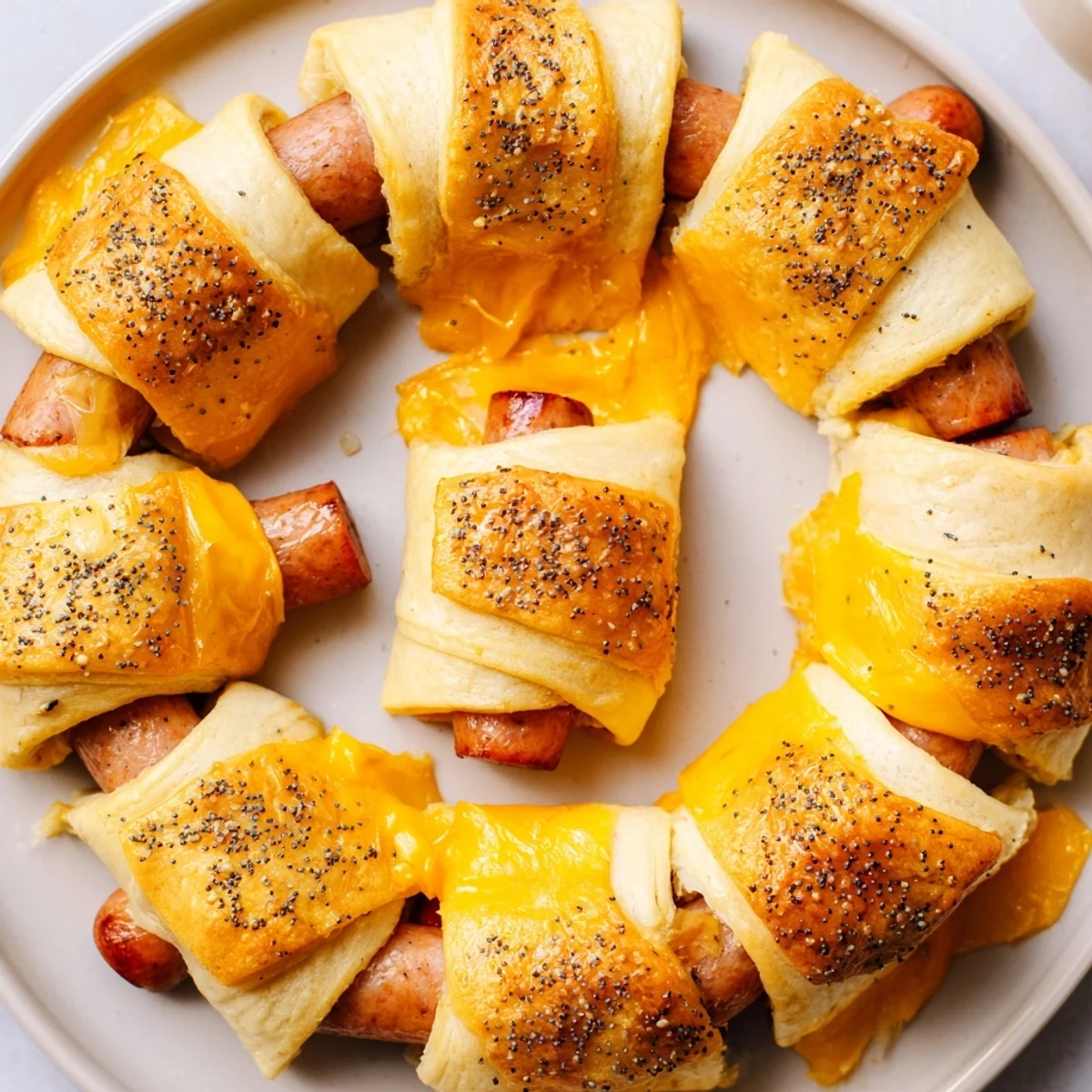 Golden Sausage Crescent Rolls steaming on a tray, brushed with butter