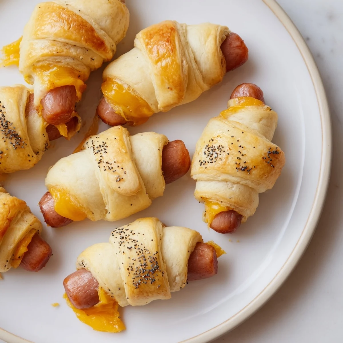 Bite-sized Sausage Crescent Rolls, crisp edges and melted cheese inside