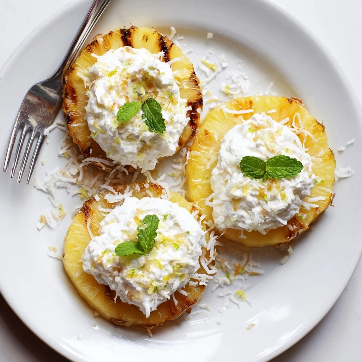 Slices of Creamy Citrus Grilled Pineapple topped with whipped orange-lime cream