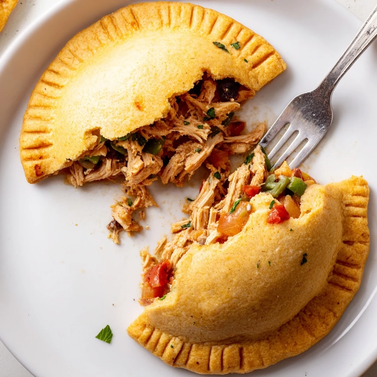 Fresh baked Gluten Free Chicken Empanadas with golden flaky crust, served with lime.