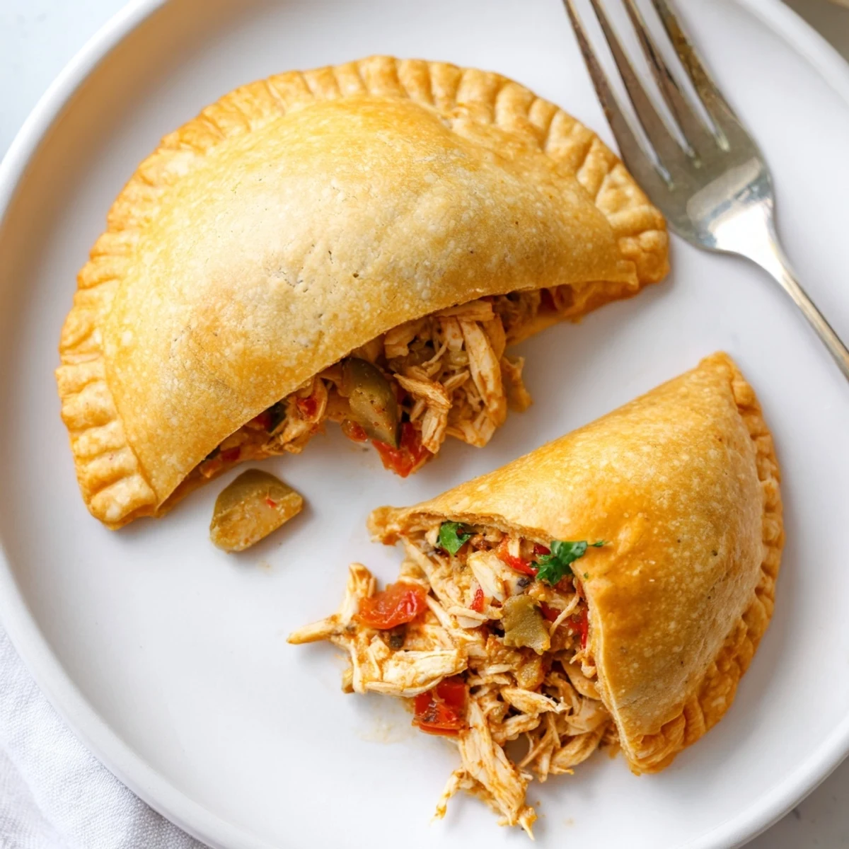 Handheld Gluten Free Chicken Empanadas plated beside guacamole and salsa, steam rising.