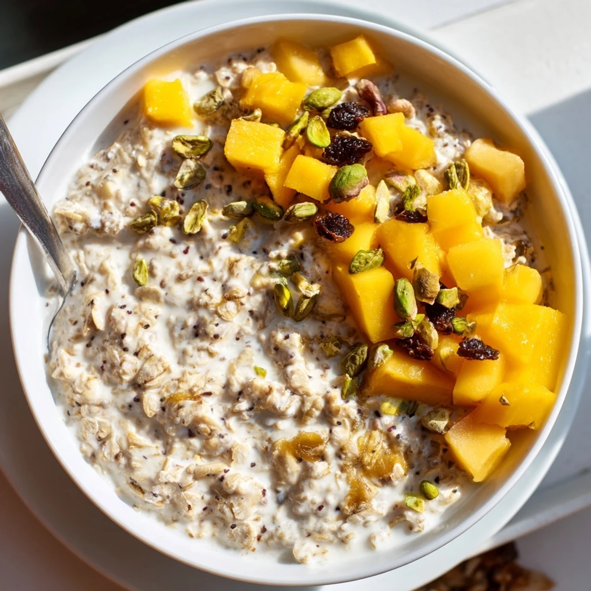 Creamy Indian Cardamom Overnight Oats topped with mango and pistachios
