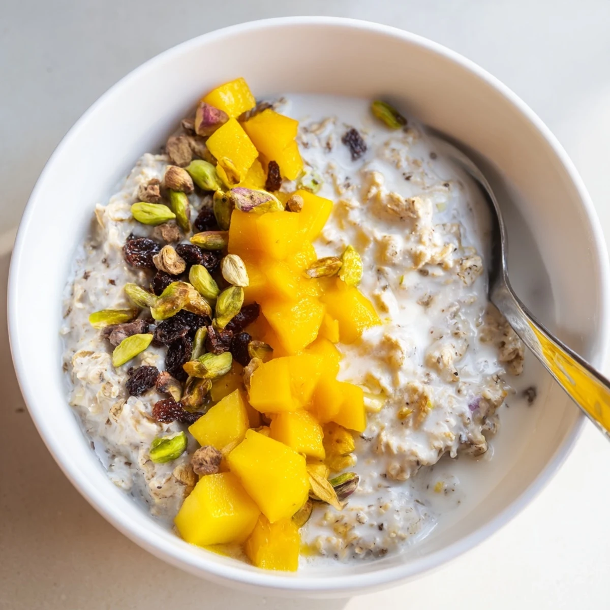 Jar of chilled Indian Cardamom Overnight Oats smelling warm spice and honey
