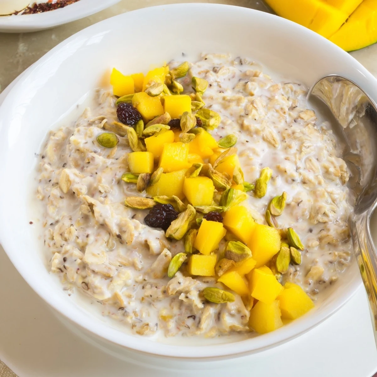 Hearty Indian Cardamom Overnight Oats stirred with yogurt, crowned by sliced almonds