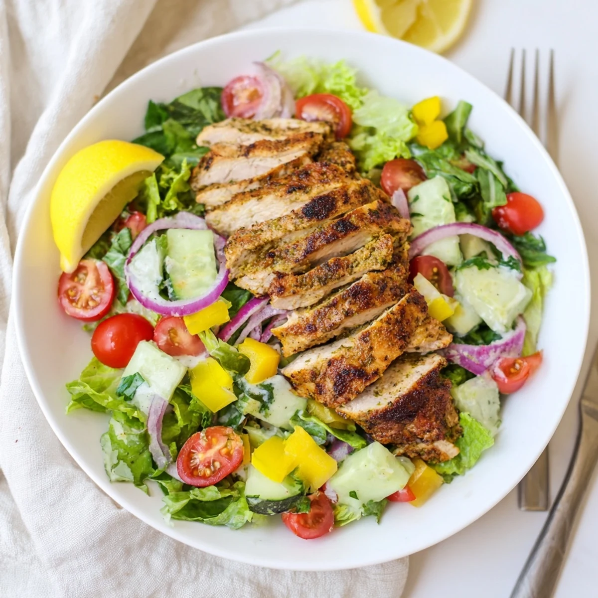 Grilled, spiced Chicken Shawarma Salad with tangy yogurt drizzle and lemon wedge