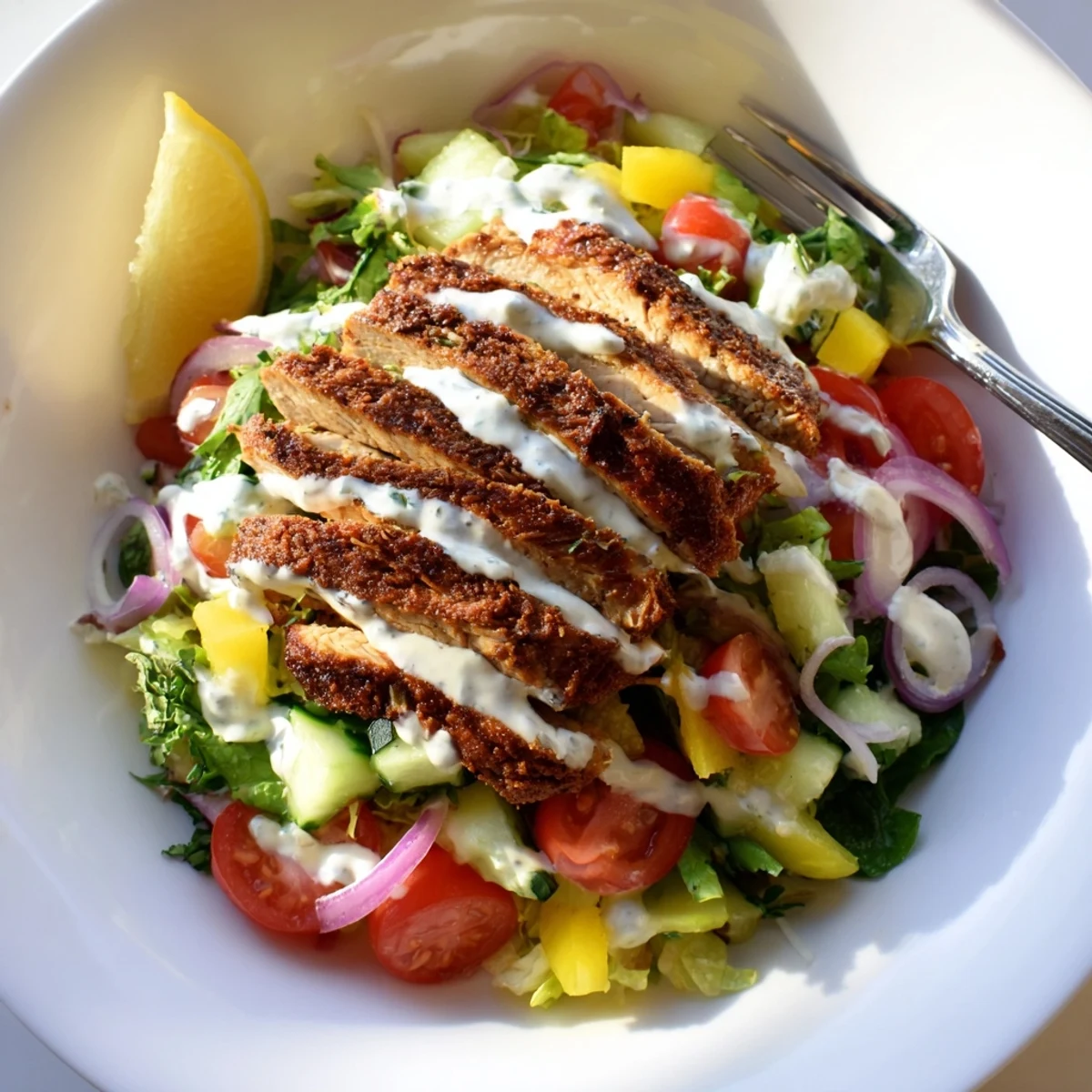 Sliced chicken atop crisp greens and juicy tomatoes in Chicken Shawarma Salad