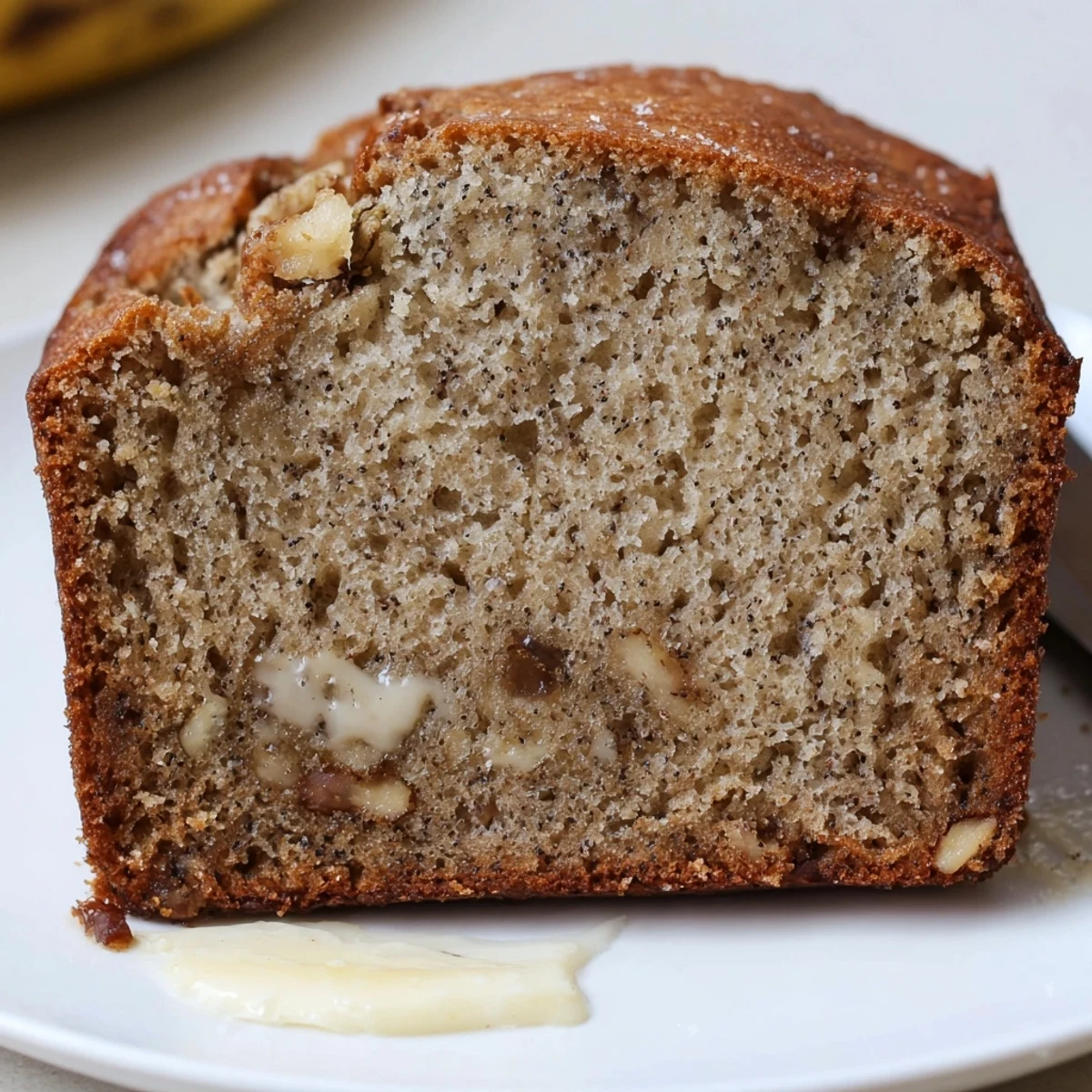 Fresh Banana Bread Delight resting warm in loaf pan, butter melting