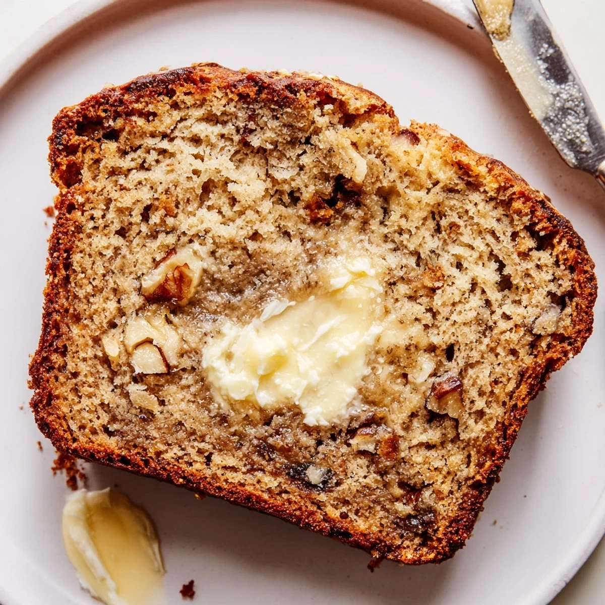 Thick slices of Banana Bread Delight topped with cream cheese and walnuts