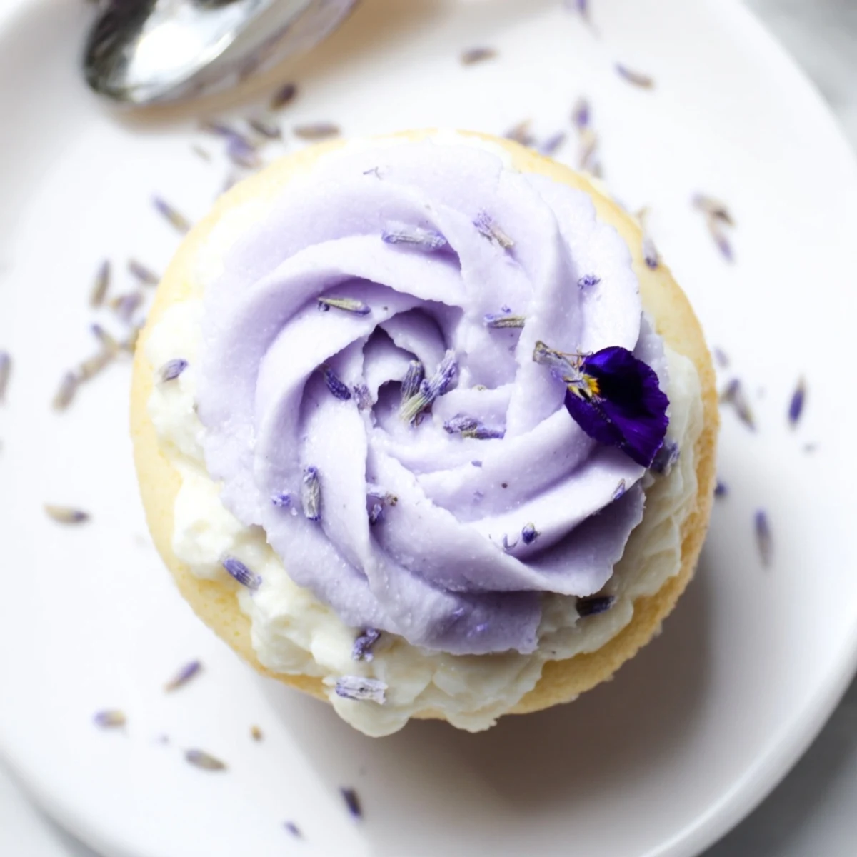 Lavender Buttercream Floral Frosting piped on cupcakes, pale purple and fragrant
