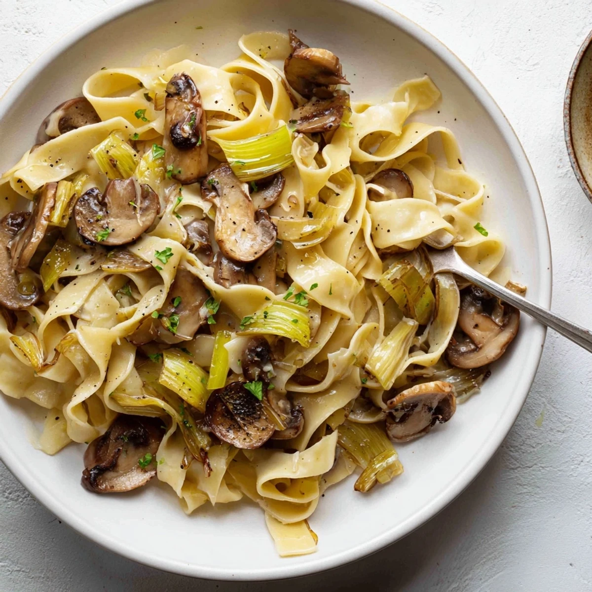 Caramelized Leek Mushroom Gruyere Pasta piled on plate, savory steam rising