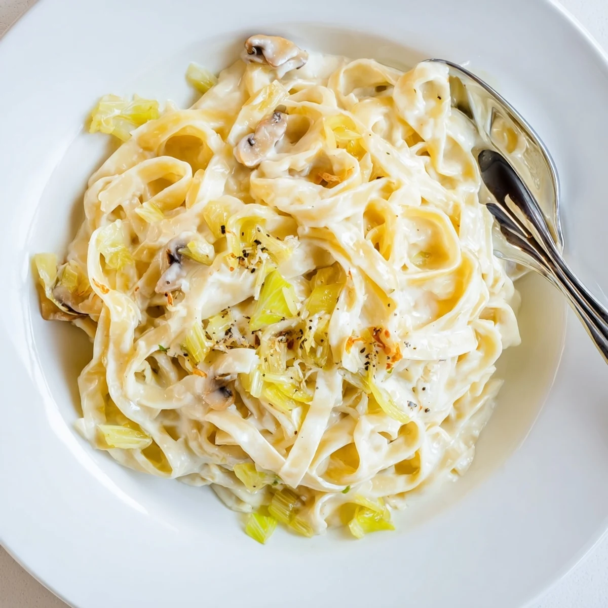 Warm Caramelized Leek Mushroom Gruyere Pasta tossed with parsley, fork ready