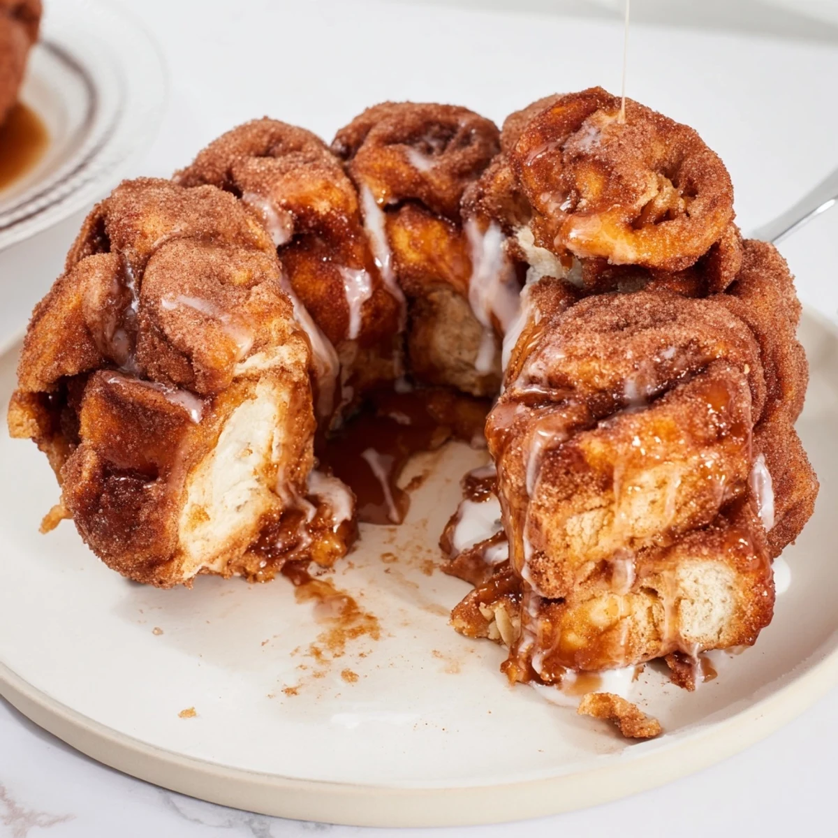 Cinnamon Roll Monkey Bread steaming in bundt pan, gooey cinnamon-sugar pull-apart.