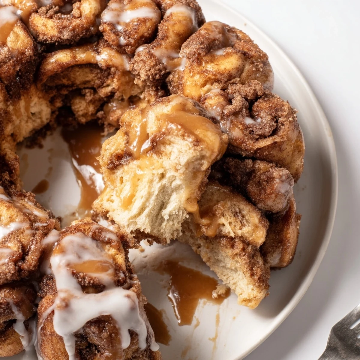 Warm Cinnamon Roll Monkey Bread drizzled with vanilla icing, ready to share.